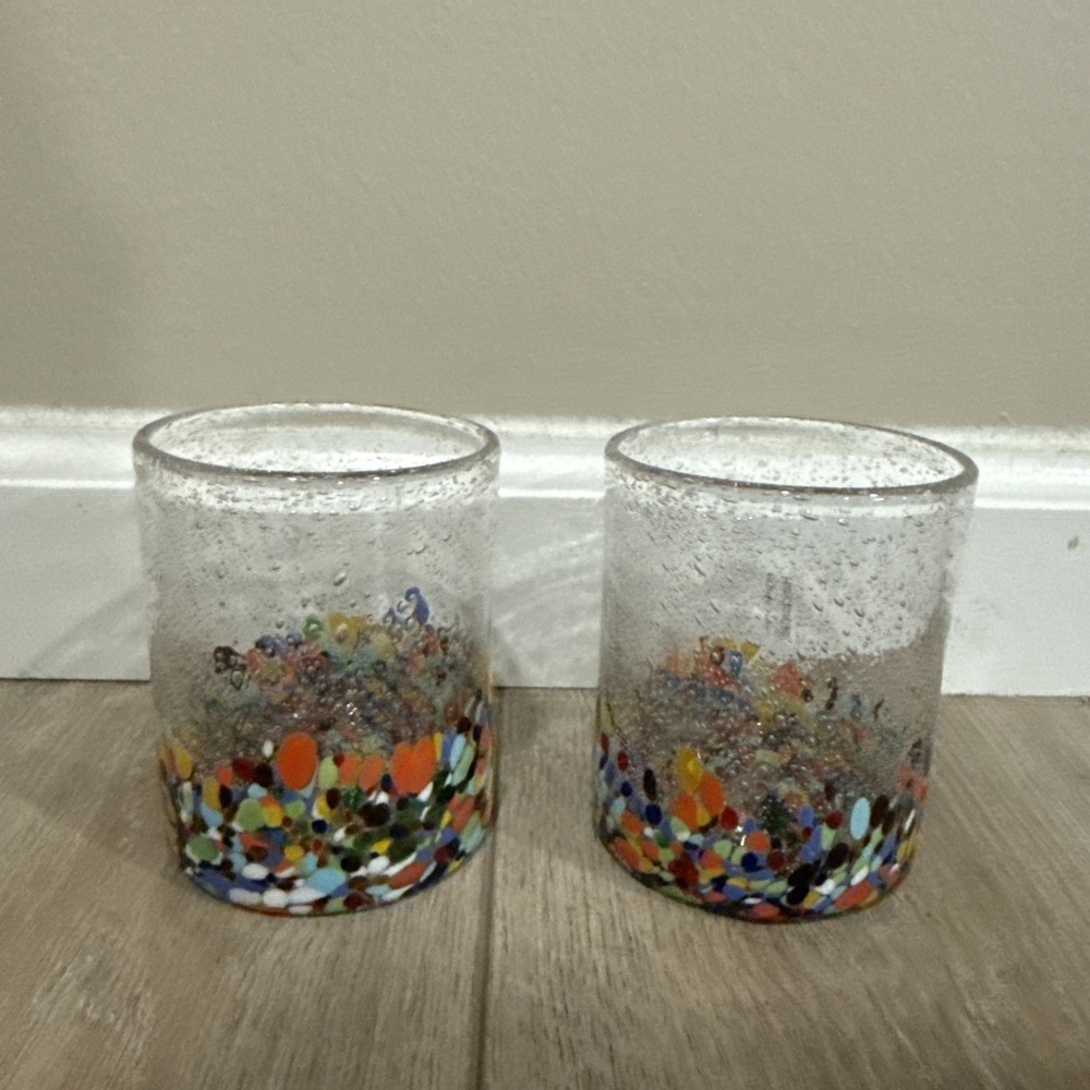 Mexican Hand Blown Art glass Colorful Confetti Splatter drinking Glasses